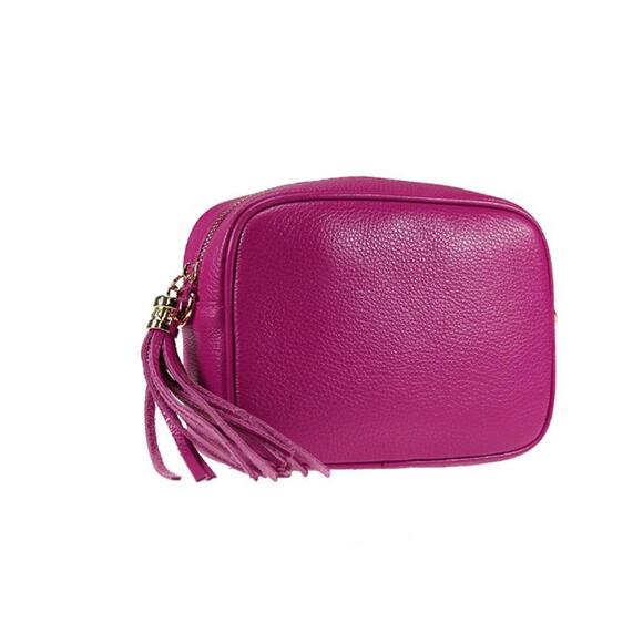Stylish Fuchsia Italian Leather Crossbody Camera Bag with Tassel - Picture 1 of 2